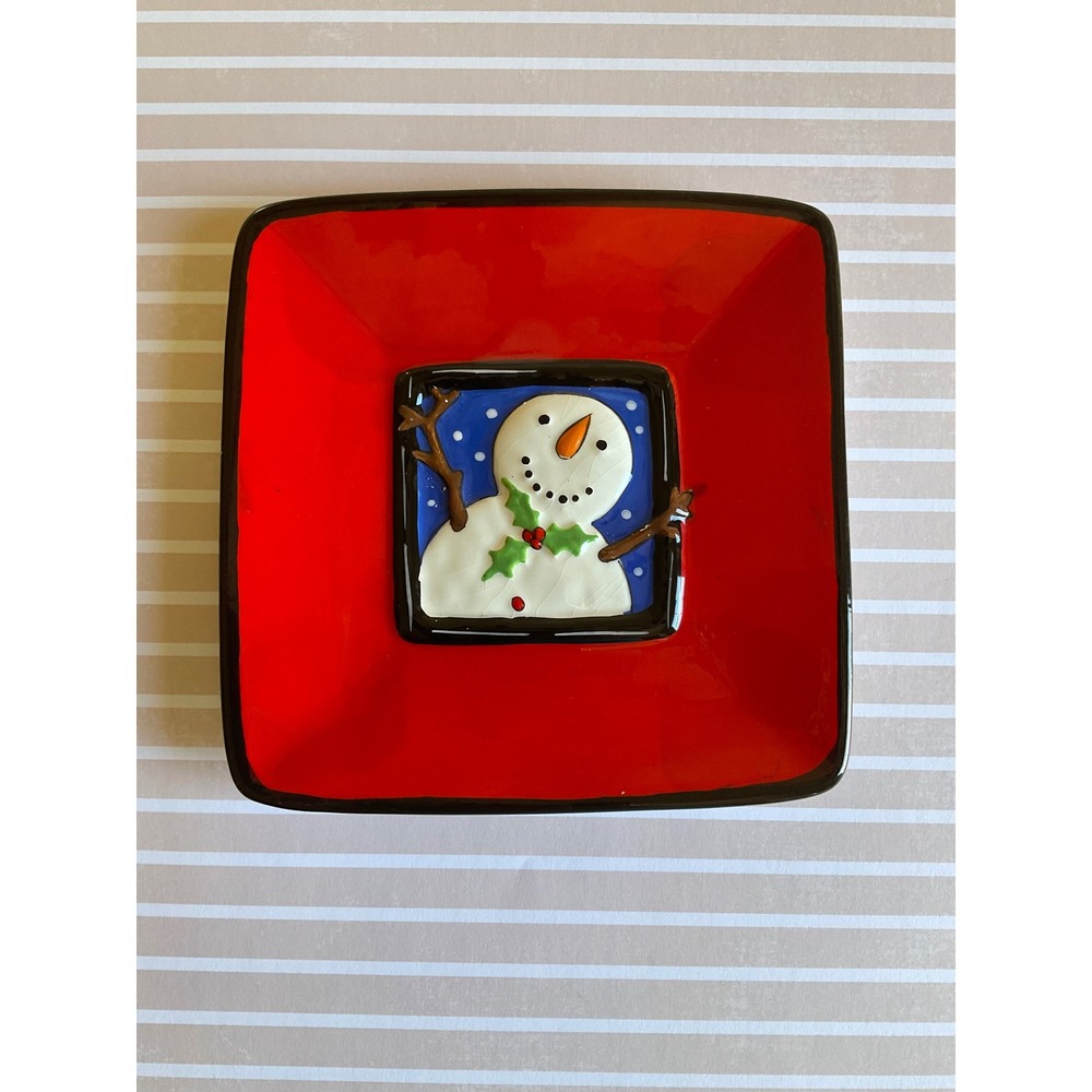Ganz Snowman Ceramic Holiday Plate Red Square Christmas Dish EX12805